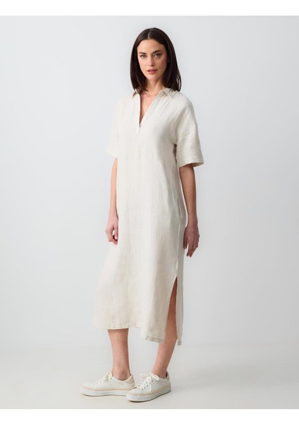 Taş Rahat Kesim Gömlek Yaka Kısa Kollu Keten Midi Elbise fiyatları