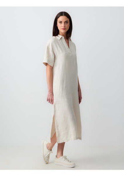 Taş Rahat Kesim Gömlek Yaka Kısa Kollu Keten Midi Elbise modelleri