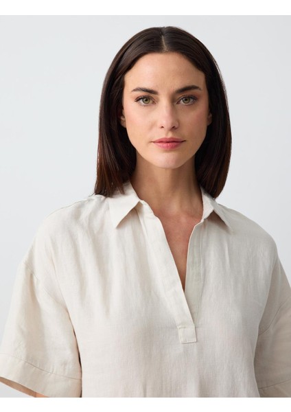 Taş Rahat Kesim Gömlek Yaka Kısa Kollu Keten Midi Elbise fırsatları