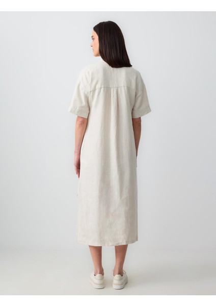 Taş Rahat Kesim Gömlek Yaka Kısa Kollu Keten Midi Elbise indirimleri