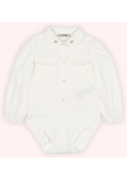 Kız Bebek Yakalı Nakış Detaylı Ekru Body Gömlek