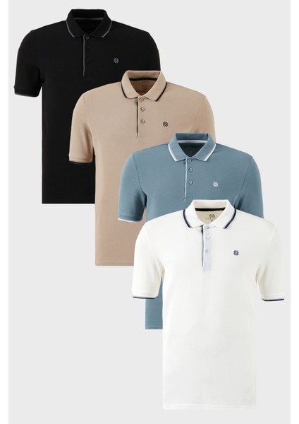 Pamuklu Slim Fit Şerit Detaylı Düğmeli Polo Yaka 4'lü Paket T Shirt Erkek T Shirt 5902118S4