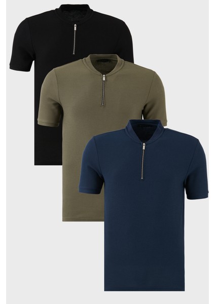 Pamuklu Regular Fit Yarım Fermuarlı Kolej Yaka 3'lü Paket T Shirt Erkek T Shirt 5902653S3