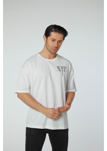 Baskılı Oversize Bisiklet Yaka T-Shirt