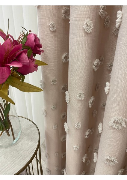 Bej Renk Ponponlu Pufy Fon Perde 1/3 Sık Pile