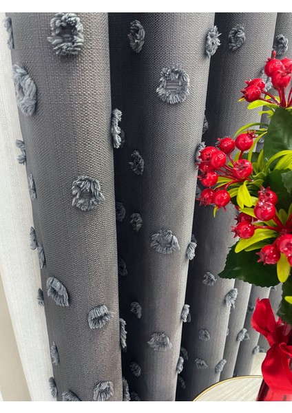 Koyu Gri Renk Ponponlu Pufy Fon Perde 1/3 Sık Pile