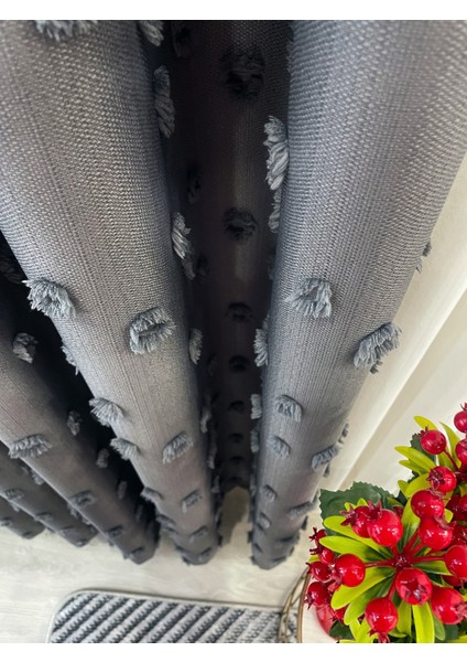 Koyu Gri Renk Ponponlu Pufy Fon Perde 1/3 Sık Pile modelleri