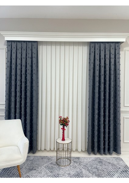 Koyu Gri Renk Ponponlu Pufy Fon Perde 1/3 Sık Pile fırsatları