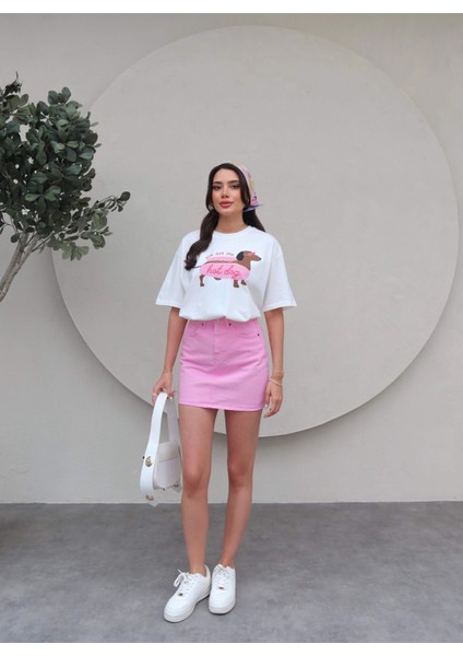 Pembe Mini Denim Etek