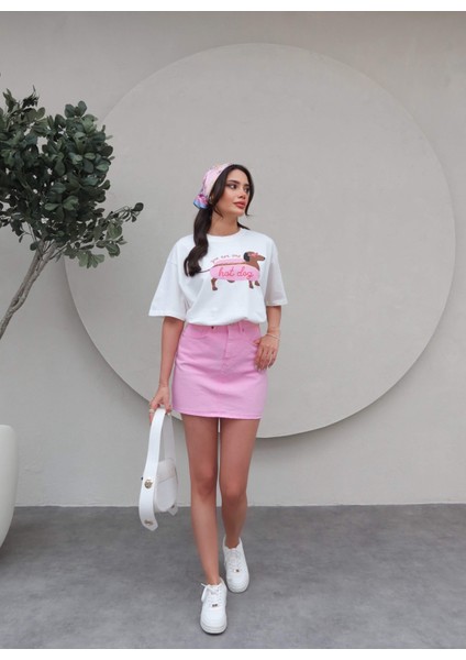 Pembe Mini Denim Etek