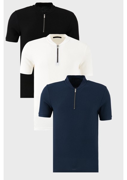 Pamuklu Regular Fit Yarım Fermuarlı Kolej Yaka 3'lü Paket T Shirt Erkek T Shirt 5902653S3