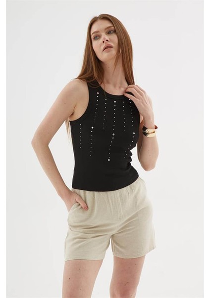 Taşlı Siyah Kadın Kolsuz T-Shirt 25Y0505K1 fırsatları