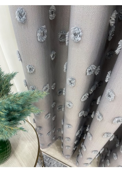Gri Renk Ponponlu Pufy Fon Perde 1/3 Sık Pile