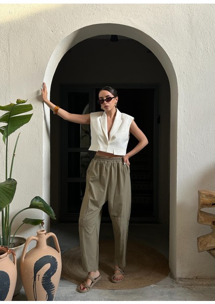 Kadın Haki Penye ve Dokuma Garnili Tasarım Oversize Şalvar Pantolon 29158