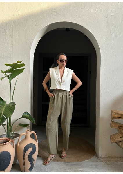 Kadın Haki Penye ve Dokuma Garnili Tasarım Oversize Şalvar Pantolon 29158 modelleri