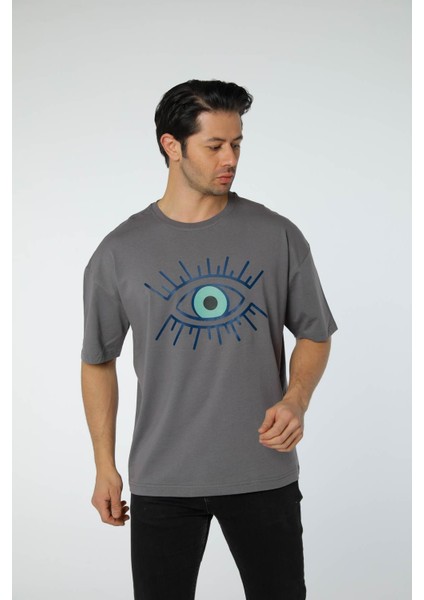 Baskılı Oversize Bisiklet Yaka T-Shirt