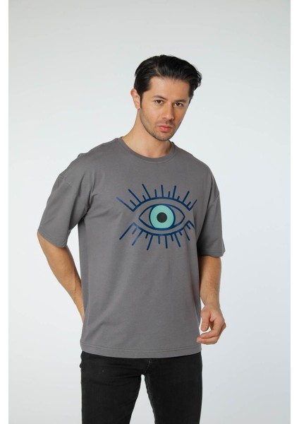 Baskılı Oversize Bisiklet Yaka T-Shirt