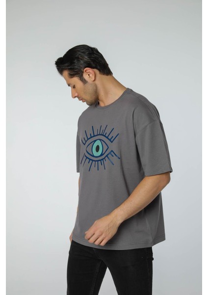 Baskılı Oversize Bisiklet Yaka T-Shirt
