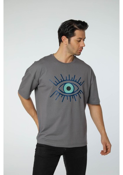 Baskılı Oversize Bisiklet Yaka T-Shirt