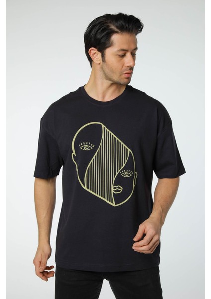 Baskılı Oversize Bisiklet Yaka T-Shirt