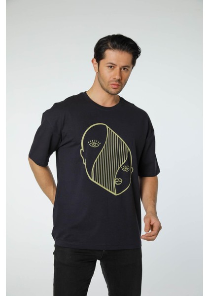 Baskılı Oversize Bisiklet Yaka T-Shirt