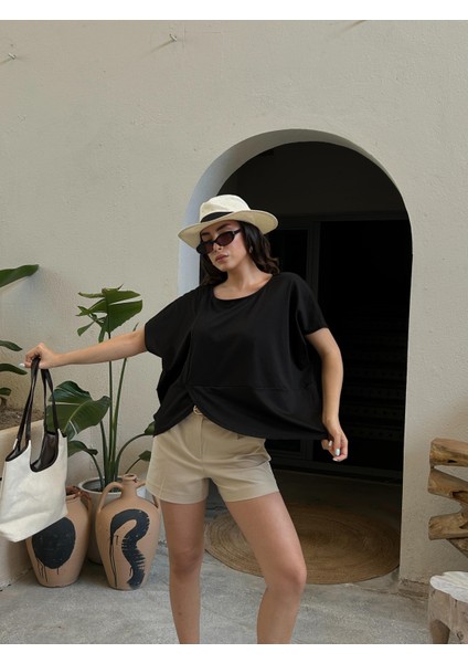 Kadın Siyah Arkası Modelli Tasarım Penye Bluz 29113