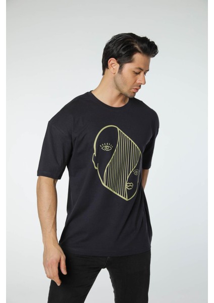 Baskılı Oversize Bisiklet Yaka T-Shirt