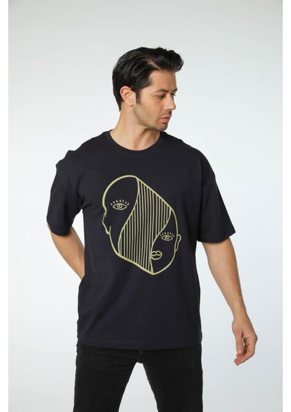 Baskılı Oversize Bisiklet Yaka T-Shirt