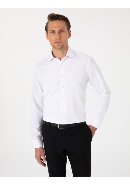 Erkek Beyaz Slim Fit Uzun Kollu Armürlü Gömlek 50307108-VR013