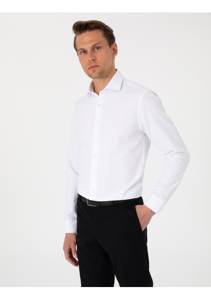Erkek Beyaz Slim Fit Uzun Kollu Armürlü Gömlek 50307108-VR013