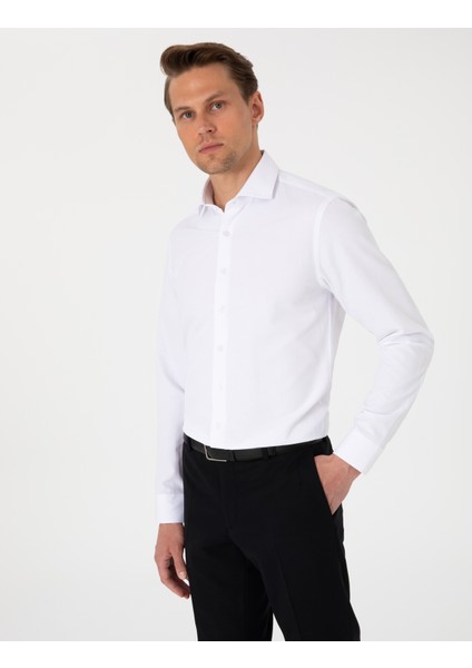 Erkek Beyaz Slim Fit Uzun Kollu Armürlü Gömlek 50307108-VR013