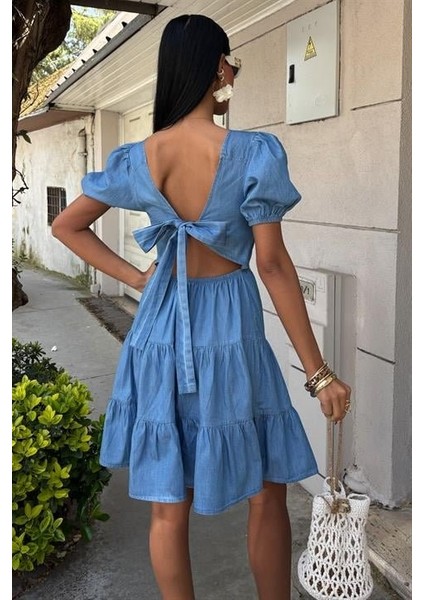 Kare Yakalı ve Gipe Detaylı Tensel Elbise 2883