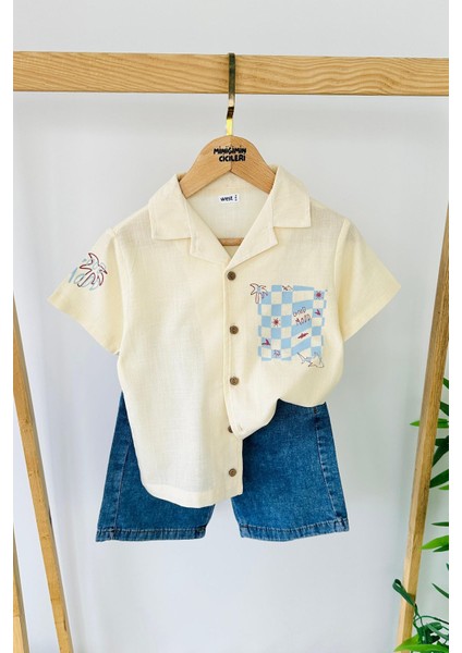 Keten Palmiye Baskılı Kısa Kollu Erkek Çocuk Gömlekli Kot Şortlu takım - krem