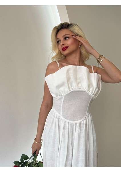 Beyaz Kıvrımlı Büstiyer Yaka Midi Elbise
