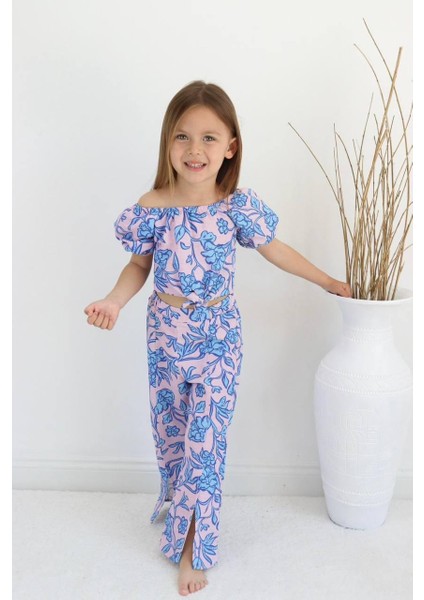 Pembe Mavi Çiçek Desen Keten Kız Çocuk Alt Üst Takım
