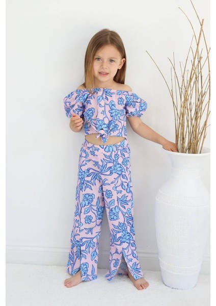 Pembe Mavi Çiçek Desen Keten Kız Çocuk Alt Üst Takım fiyatları