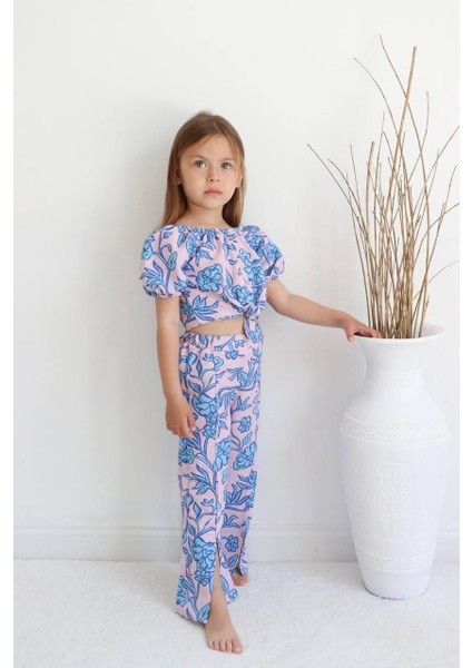 Pembe Mavi Çiçek Desen Keten Kız Çocuk Alt Üst Takım modelleri