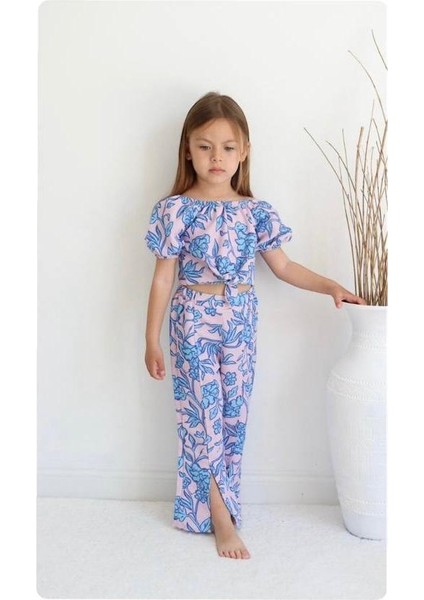 Pembe Mavi Çiçek Desen Keten Kız Çocuk Alt Üst Takım fırsatları