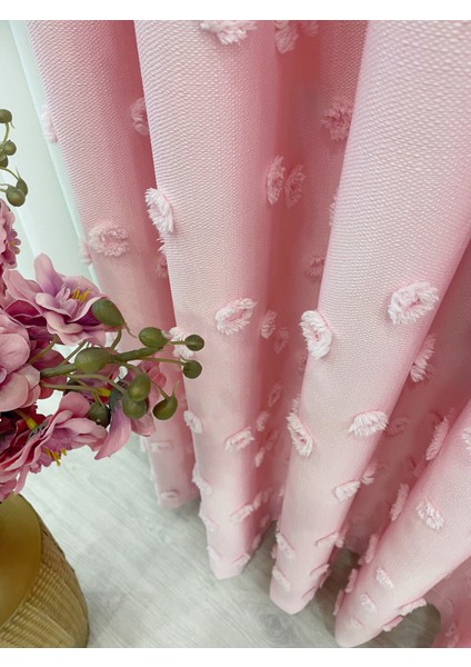 Şeker Pembe Renk Ponponlu Pufy Fon Perde 1/3 Sık Pile