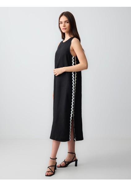 Siyah Bisiklet Yaka Yırtmaç Detaylı Kolsuz Keten Midi Elbise