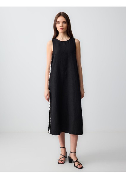 Siyah Bisiklet Yaka Yırtmaç Detaylı Kolsuz Keten Midi Elbise fiyatları