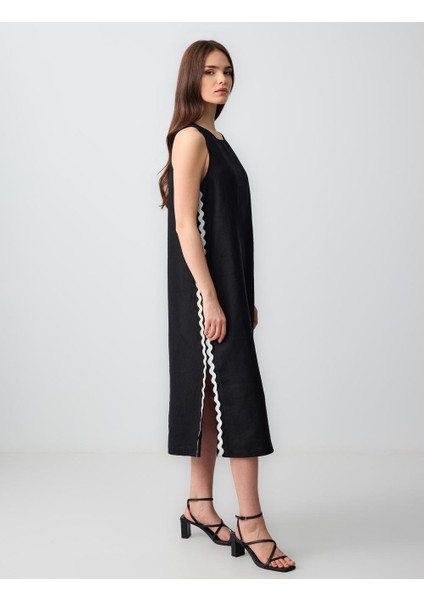 Siyah Bisiklet Yaka Yırtmaç Detaylı Kolsuz Keten Midi Elbise modelleri