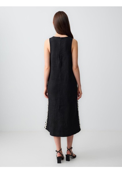 Siyah Bisiklet Yaka Yırtmaç Detaylı Kolsuz Keten Midi Elbise fırsatları