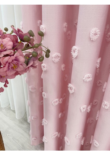 Şeker Pembe Renk Ponponlu Pufy Fon Perde 1/3 Sık Pile fiyatları