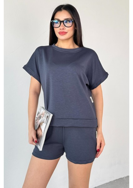 TKM-0021 Füme T Kol Model Bisiklet Yaka Tişört Bel Lastikli Ip Bağlamalı Cepli Şort Ikili Takım