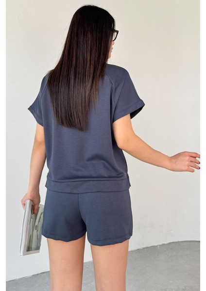 TKM-0021 Füme T Kol Model Bisiklet Yaka Tişört Bel Lastikli Ip Bağlamalı Cepli Şort Ikili Takım