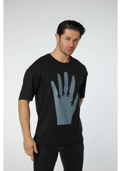 Baskılı Oversize Bisiklet Yaka - T-Shirt