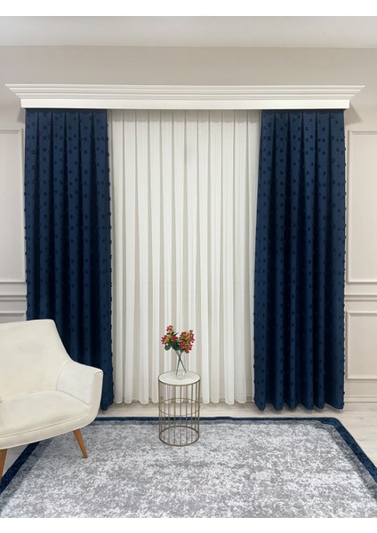 Lacivert Renk Ponponlu Pufy Fon Perde 1/3 Sık Pile fırsatları
