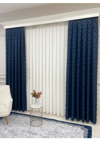Lacivert Renk Ponponlu Pufy Fon Perde 1/3 Sık Pile indirimleri