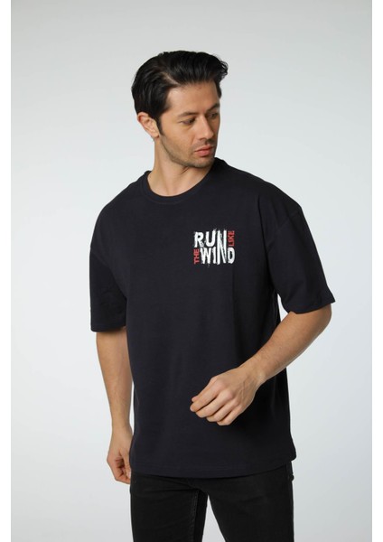 Baskılı Oversize Bisiklet Yaka T-Shirt